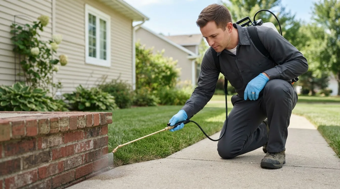 Pest control technician treating a home near Sheffield, TX