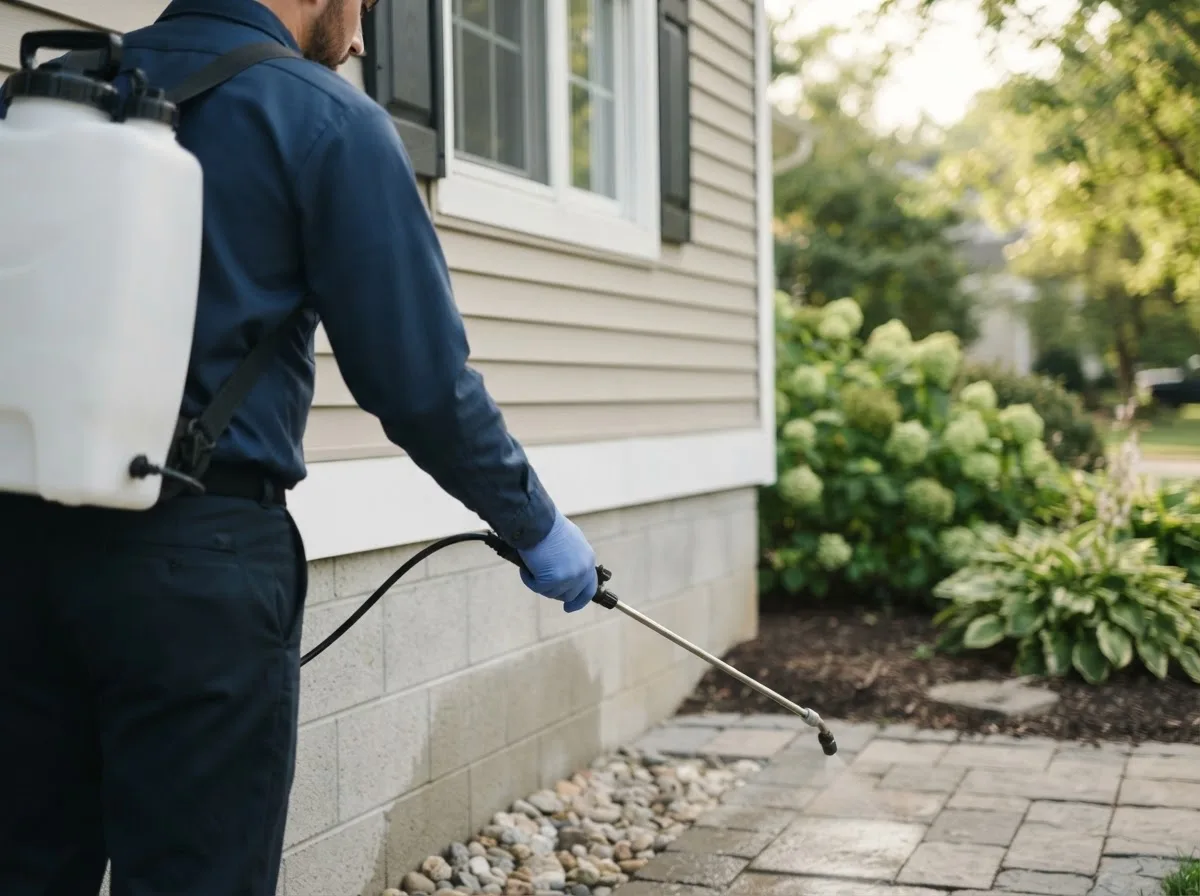 Pest control technician inspecting a home in Sheffield, TX